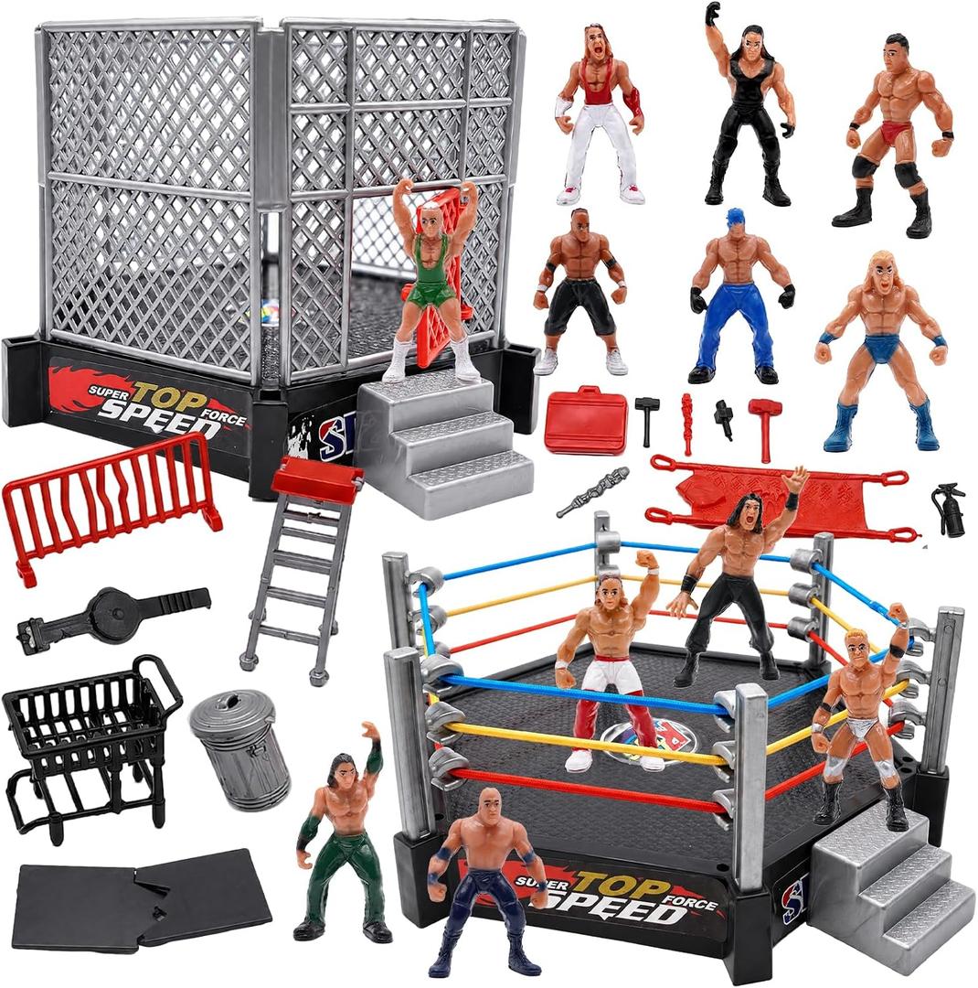 Wrestling Toys for Boys 6-8 Cake Toppers Party Favors Mini Figure 2 Rings