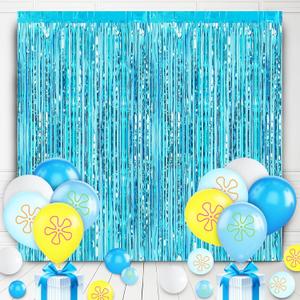 22Pcs Cartoon Baby Birthday Decorations, Aquamarine 3.3x8.2ft Tinsel Foil Fringe Curtains Banner and Cute Flowers Bubbles Balloons for Cute Theme Party Decorations Boys and Girls Party Supplies