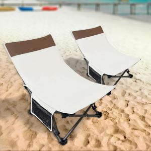 Compact Backpack Beach Chairs 2 Pack with Adjustable Backrest & Side Pocket, Low Folding Camping Chairs for Adults, Portable Reclining Chairs for Beach, Lawn, Travel (Beige)