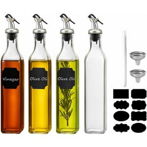 WERTIOO Olive Oil Dispenser Bottle,4Pack 17 OZ Glass Oil Dispenser for Kitchen with 4 Pourer,1 Stainless Steel Funnel & 1 Pen and 8 Label for Kitchen (500ml)