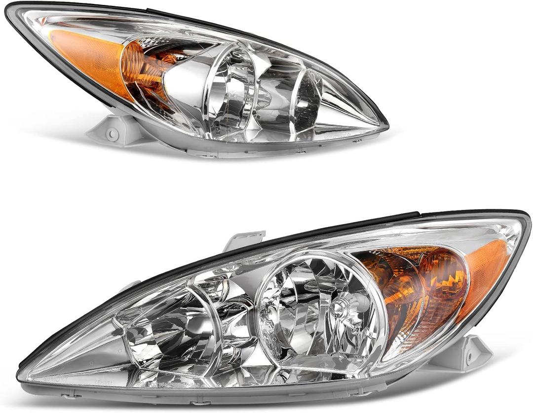 AUTOSAVER88 Headlight Assembly Compatible with 2002 2003 2004 Camry (Only Fits LE/XLE) Chrome Housing Amber Reflector Clear Lens