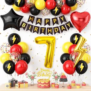 7th Birthday Decorations for Boys,Red Black Yellow Birthday Balloon Kids Printed Number 7 Balloons Banner Cake Topper Boy Girls 7 Year Old Party Decor