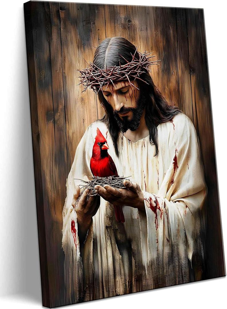 Jesus and Cardinal Canvas Wall Art Jesus Saves Cardinalis Painting Decor Picture Christian God Thorns Red Birds Posters Prints for Dining Living Prayer Room Kitchen Church Wall Bedroom Decoration (16"L x 12"W)