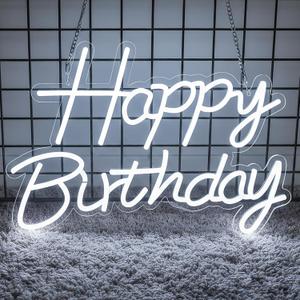 Happy Birthday Neon Sign for Backdrop, LED Happy Birthday Light Up Sign, USB Powered Dimmable Neon Light for Birthday Party Decorations, Wall Decor, White, 16.5 x 12 inch