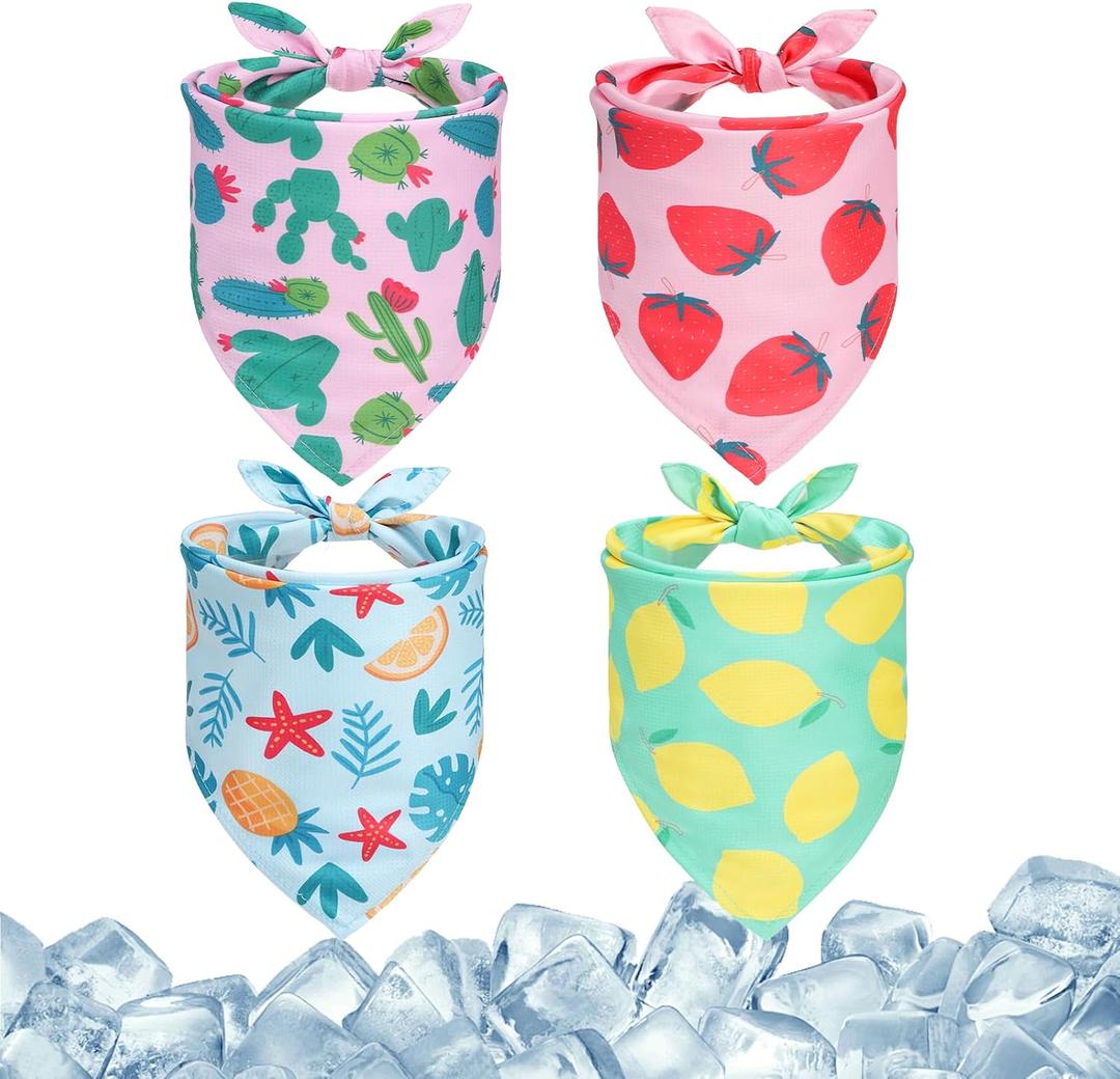 PAWCHIE Dog Cooling Bandana 4 Pcs, Summer Dog Bandanas Kerchief Set Reversible Triangle Bibs,Adjustable Soft Cute Square for Summer Puppy Small Medium Large Pets Costume Accessories, Fruit Style XL