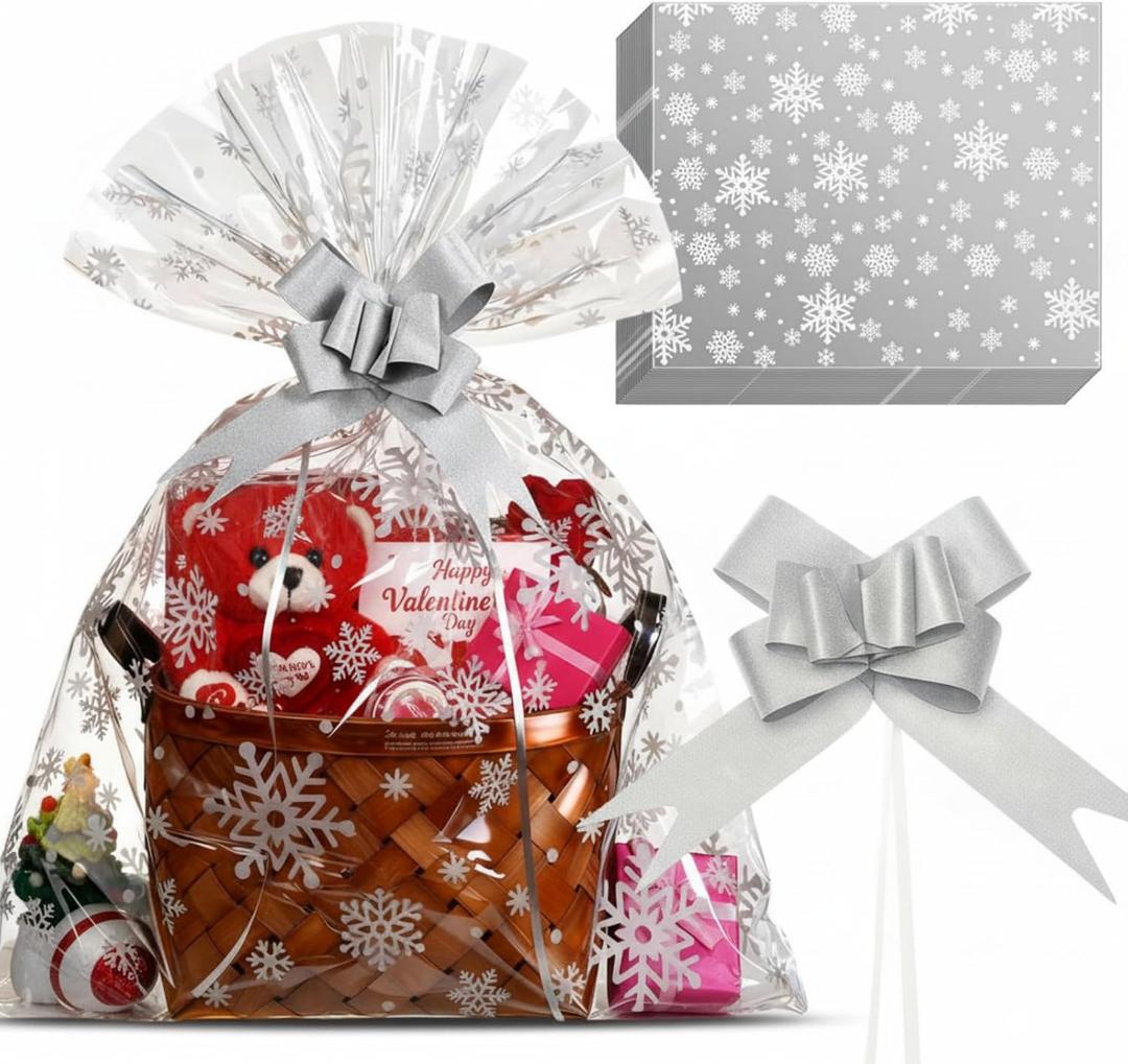 Teenyyou 24 Pcs Cellophane Bags for Basket 24 x 30 Inches & 24 Pcs Large Pull Bows, X-Large 2.5 Mil Thickening Plastic Cellophane Bags for Valentine's Day Birthday Party Gift Wrapping (Snowflake)