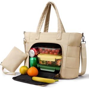 Dadanism Insulated Lunch Bag for Women, 15.6 Inch Quilted Lightweight Puffy Laptop Tote with Leakproof Cooler Compartment for Nurse Teacher Work Office and Outdoor, with Purse, Taupe