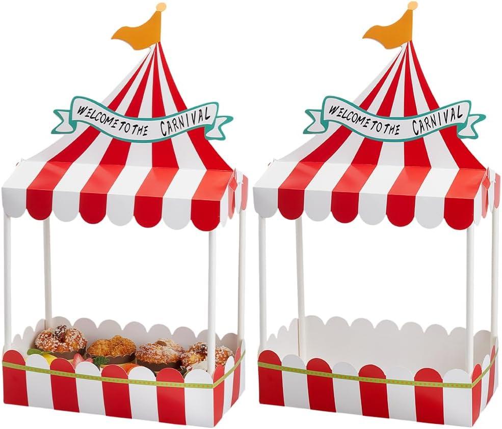 WEBEEDY 2 Pcs Carnival Cupcake Stand Dessert Table Display Set Red White Stripes Popcorn Stall Table Centerpieces Cake Holder for Birthday Christmas Thanksgiving Wedding Party Celebration Decor Supplies