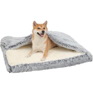 Dog Bed with Cover Cave, Orthopedic Dog Bed with Blanket, 33.5 * 27.6'' Rectangle Pet Crate Cozy Cuddler Mat, Anti-Anxiety Memory Foam Calming Pad for Puppy Cat with Removable Washable Cover (Grey)