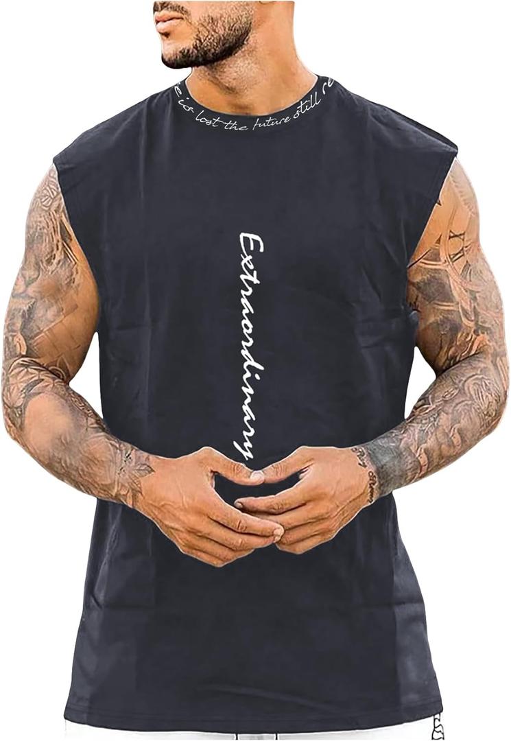 Verdusa Men's Graphic Tank Tops Summer Sleeveless Letter Crew Neck Shirt Tops (Black, M)