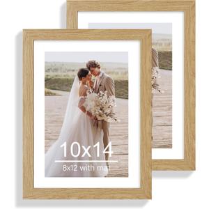 10x14 Picture Frame Set of 2, Made of Glass and Natural Oak Wooden Frame, Display 8x12 Pictures with Mat or 30 x 40cm Diamond Painting Art without Mat for Wall Mounting, Gallery Photo Frames