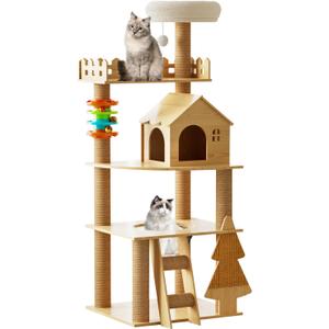 Cat Tree, B64 Wood Cat Tree Tower for Indoor Cats, 60.7" Modern Cat Tower with Sisal-Covered Scratching Posts and Top PerchCat Condo with Acrylic Hammock for Small Large Cats