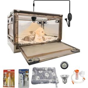 Incubator for Puppies with Heating Large Brooder Nursery Kitten Incubator for Puppies with Pet Bed Mat,Pet Medicine Feeder,Temperature Detection and Nebulization Kit 55L (Brown)