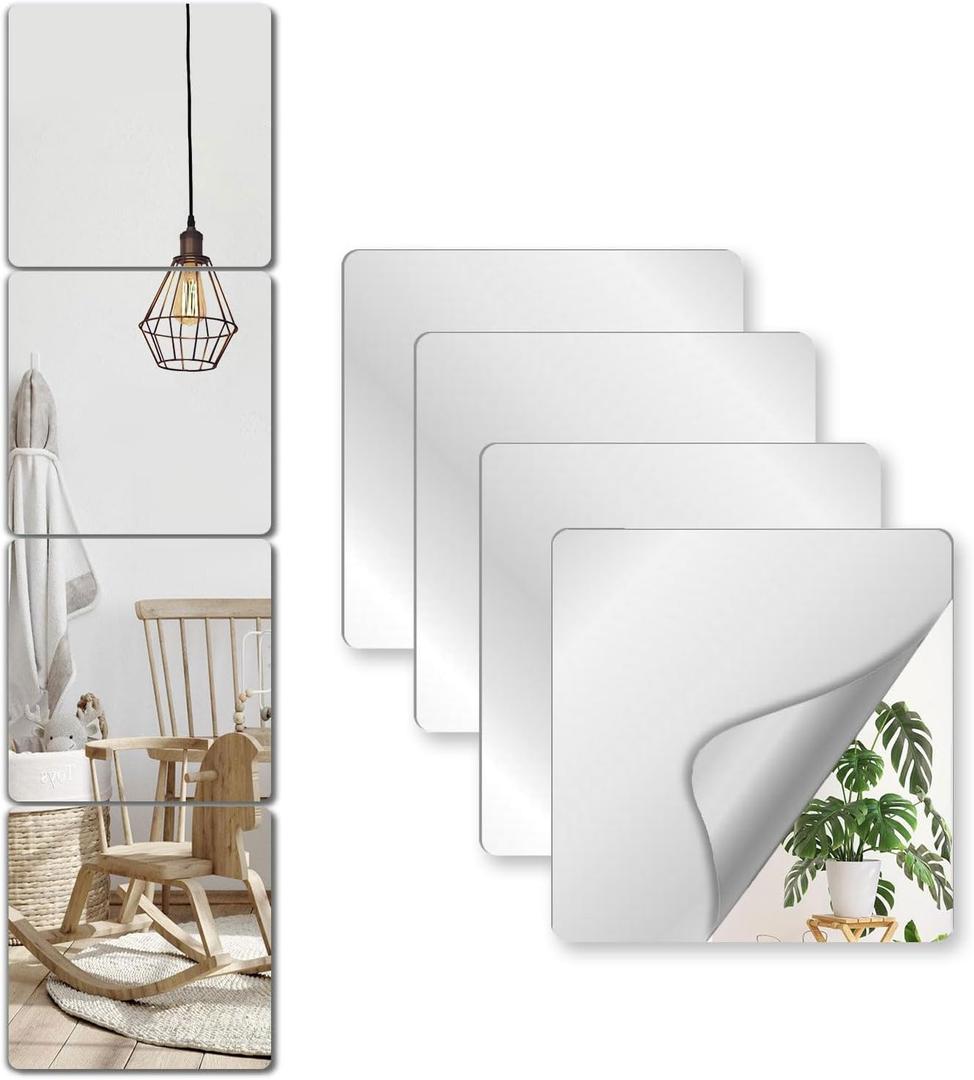 NKJVE Unbreakable Mirror Tiles Self Adhesive,4PCS 14x14 Toddler Mirror for Classroom Decor, Peel and Stick On Small Mirrors for Wall Decor, Shatterproof Plastic Mirrors Stickers for Kids Decorative