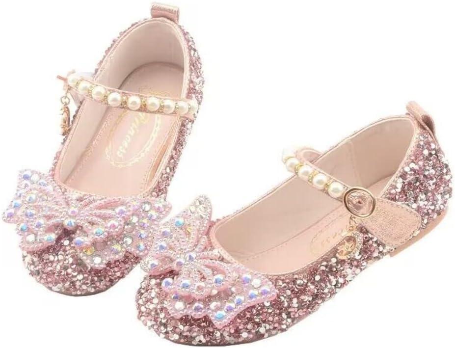 Girls Sparkle Princess Dress Shoes Bow Wedding Party Flower Bridesmaids Mary Jane Ballet Flats for Kid Toddler (Pink)