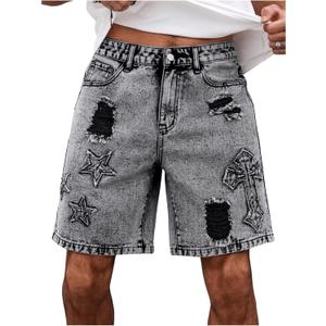 BEAUDRM Men's Graphic Baggy Denim Shorts Ripped Zipper Jean Bermuda Shorts with Pockets, Dark Grey, Medium