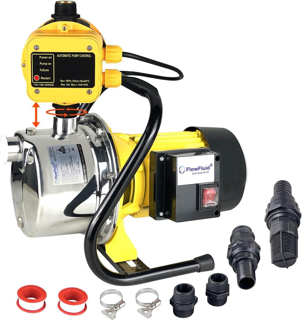 1 HP Shallow Well Jet Pump with Automatic Control for Whole House,110v Water Pressure Booster Pump Smart Pressure with Switch System,Stainless Steel Water Pump for Home Garden Irrigation