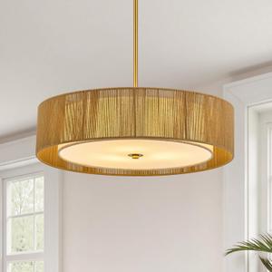 VONLUCE 20" Boho Rattan Chandelier, 4-Light Drum Chandelier with 2-Tier Woven Lampshade, Rattan Ceiling Light for Dining Room Bedroom Living Room with E26 Sockets, Gold Finish, ETL Certified