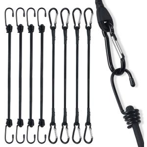 8-Pack Bungee Cords with Hooks & Carabiners - 24 Inch Bungee Rope (4 Hooks + 4 Carabiner Clips) - Heavy Duty Elastic Stretch Cords for Kayaking, Camping, Truck, Tarp, Gear Tie Down - Black