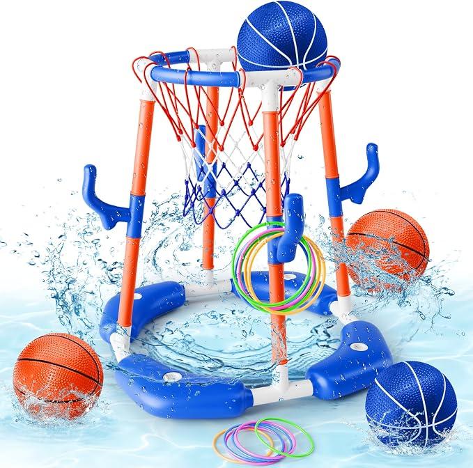 Pool Basketball Hoop, 2-in-1 Floating Pool Toys Ring Game with 4 Balls and Pump