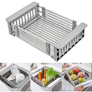 CARNAVAL Stainless Steel Kitchen Drying Rack, Retractable Drain Basket with Adjustable Armrest, Over The Sink Dish Drying Rack