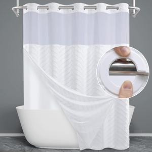 No Hook Shower Curtain with Snap in Liner, Tufted Chevron Striped Shower Curtain Set for Bathroom, Boho Waterproof and Washable Shower Curtains,71Wx77H, White