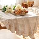 Boao Cotton 52 x 70 Inch Farmhouse Ruffle Tablecloth Beige White Striped Flounces Trim Table Cover for Rectangle Table Kitchen Party Wedding Decor