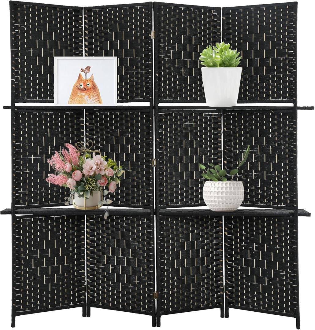 Room Divider 4 Panel Room Screen Divider Wooden Screen Folding Portable Partition Screen Wood with Removable Storage Shelves Color,Black