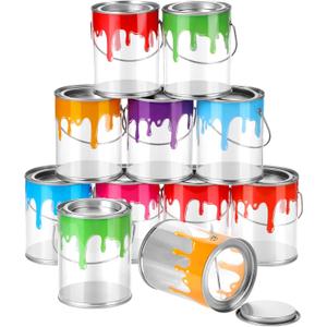 Reallnaive 12 Pcs Paint Cans Art Party Favors Clear Empty Paint Cans with Lids Mini Transparent Plastic Buckets Treats Candy Containers for Crafts DIY Decorparty Supplies, 3.35 x 4.92 Inch