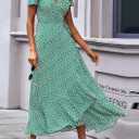 PRETTYGARDEN Women's Boho Floral Maxi Dress Summer Short Sleeve Wrap V Neck Long Flowy Beach Vacation Wedding Guest Dresses (Green, XL)
