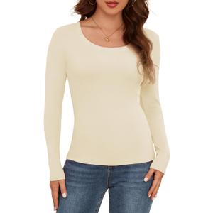 AUHEGN Womens Long Sleeve Scoop Neck Ribbed Knit Fitted Casual Tops Tee Slim Basic Shirts Beige Medium