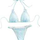 Milumia Women's Lace Trim Bow Tie Bikini Set Triangle Halter Swimsuit (L)