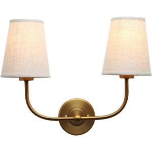 PERMO Vintage Double Sconce Antique 2-Lights with Flared Funnel Linen Beige Fabric Shade, Double Wall Sconce, Hardwired, E26 Base