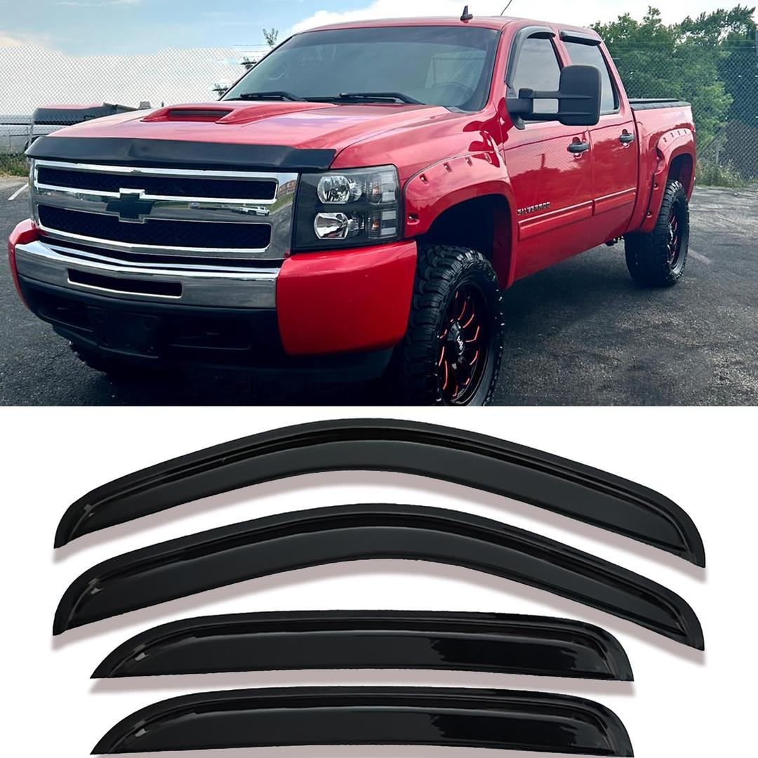 4-pcs Sun Rain Snow Vent Guard Shade Window Visors for 2007-2013 Chevy/GMC Crew Cab Pickup SUV Wind Deflectors, 94515 Truck Window Visor Rain Guards