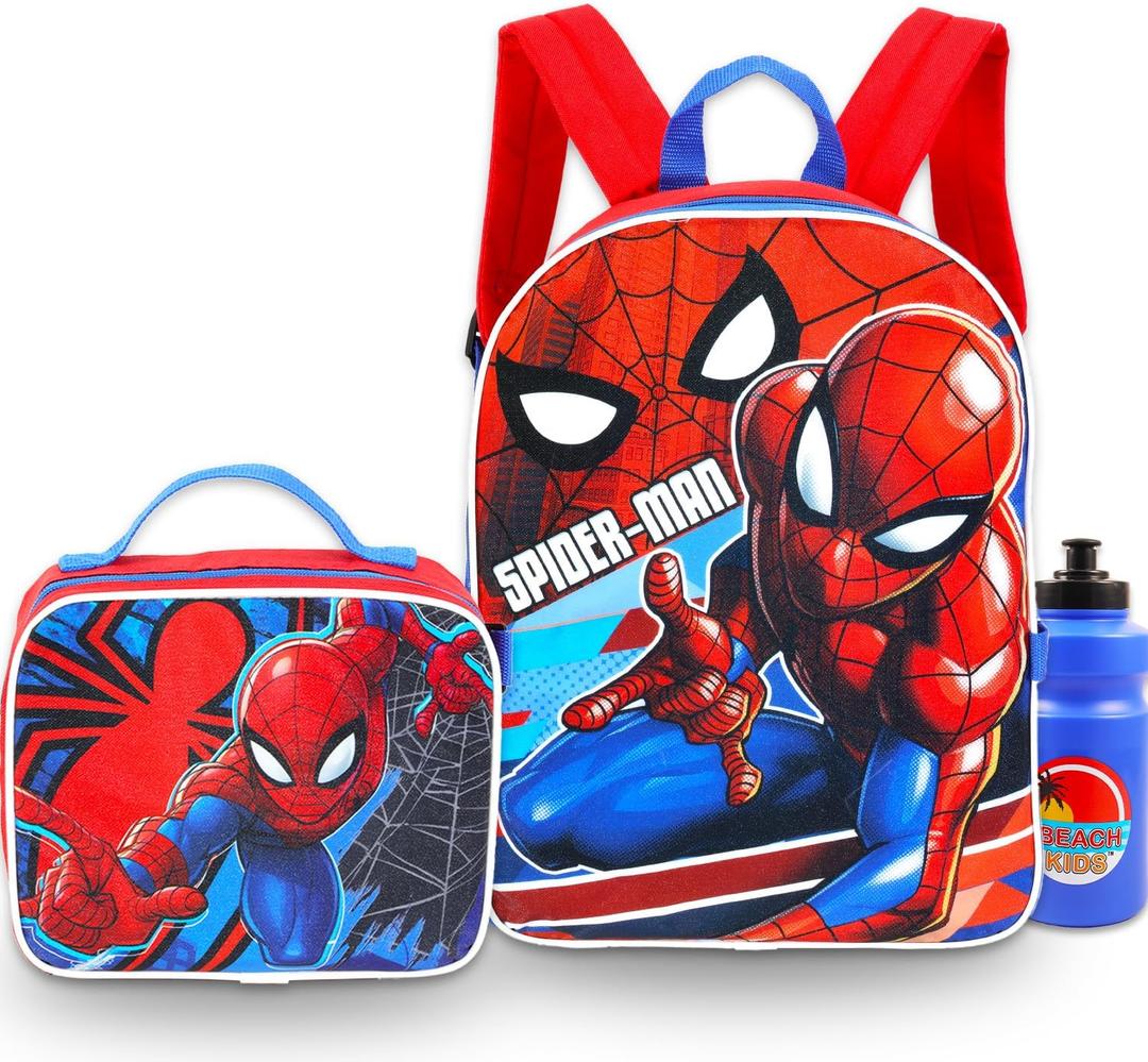 Spiderman Backpack with Lunch Box for Boys - Bundle with 16" Backpack, Lunch Bag, Water Bottle, Stickers, More | Spiderman School Bag Set for Boys, Kids