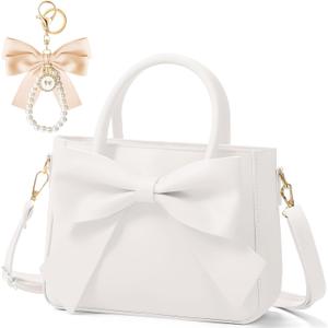 Abbylike Cute Purses for Women Mother Day Gift Leather Crossbody Bag with Bow Handbags with Adjustable Shoulder Strap (White)