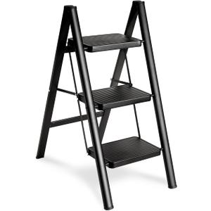 Double Elite Step Ladder 3 Step Folding, Sturdy 330 Lbs Load Small Step Stool for Adults, Safer Full Steel Multi-use Kitchen Ladder for Home, Closet Step Stool Ladder with Wide Pedals, Black, 3-Step