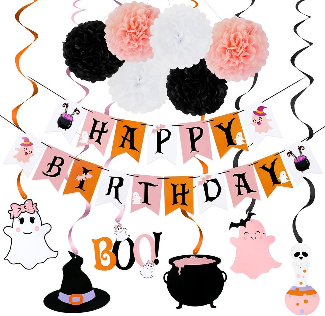 Pink and Black Swirls Happy Birthday Banner for Girls' Halloween Party