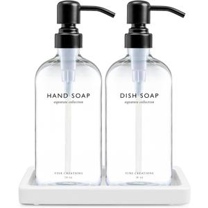 Vine Creations Glass Soap Dispenser Set, Kitchen Soap Dispenser Set with Ceramic Tray, 16 oz Dish Soap and Hand Soap Dispensers with Stainless Steel Pump Decor (Clear Bottle/Matte Black)