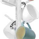 Patelai Coffee Mug Tree 14 Inch Wood Mug Holder Stand with 6 Hooks for Counter, Coffee Bar Accessories and Organizer Station Removable(White)