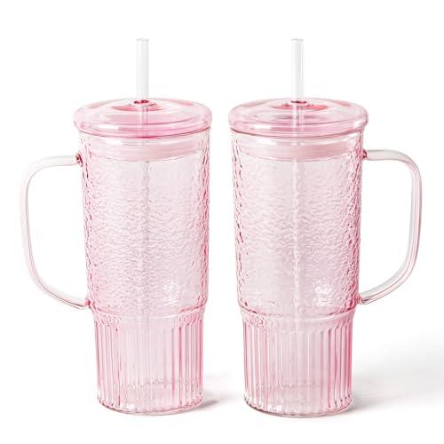 GOSCHE Glass Cups with Lids and Straws, 24oz Glass Tumbler with Straw and Lid, Iced Coffee Cups with Handle for Smoothie Juice Water Tea, Pink, 2 Pack