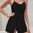 SHEKINI Women's V Neck Twist Ruched Swim Skirt Tummy Control One Piece Swimdress (Black, M)