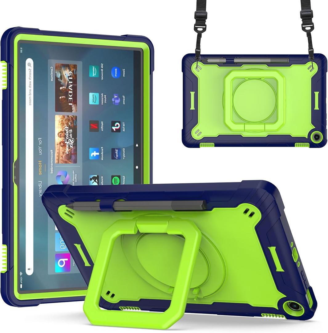 Case for Amazon Fire Max 11 inch Tablet (13th Generation, 2023 Release) Hybrid Shockproof 360 Rotating Multi-Functional Ring Stand Case with Shoulder Straps (Blue/Green)