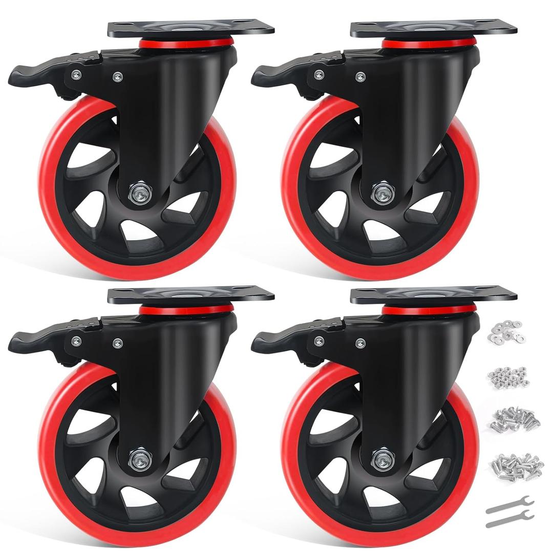 5 Inch Caster Wheels with Brake, Casters Set of 4 Heavy Duty 2000LBS, Safety Dual Locking Industrial Casters, Polyurethane Foam No Noise Wheels for Cart, Workbench(Two Hardware Kits Provided)
