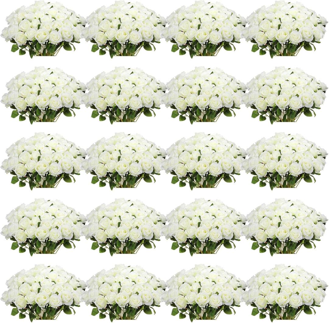 Tigeen 150 Pcs Artificial Silk Roses Flowers Bulk for Weddings, Valentine's Day & Home Decor - Realistic Long Stem Flowers(White)
