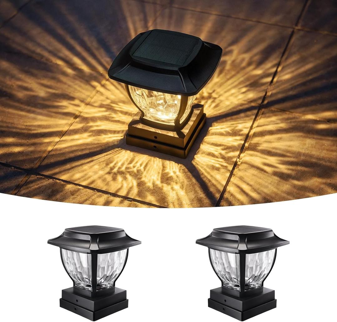 Solar Post Cap Lights Outdoor, Glass Deck Fence Post Cap Light Solar Powered for 4x4 Vinyl/Wooden Posts, Solar Lamp Post Light with 2 Lighting Modes for Patio Garden, Bright Warm White (2 Pack)