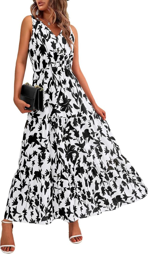 BTFBM Women Summer Dresses Casual Sleeveless Maxi Dresses Cute Floral Long Dress Wedding Guest Dress (S)