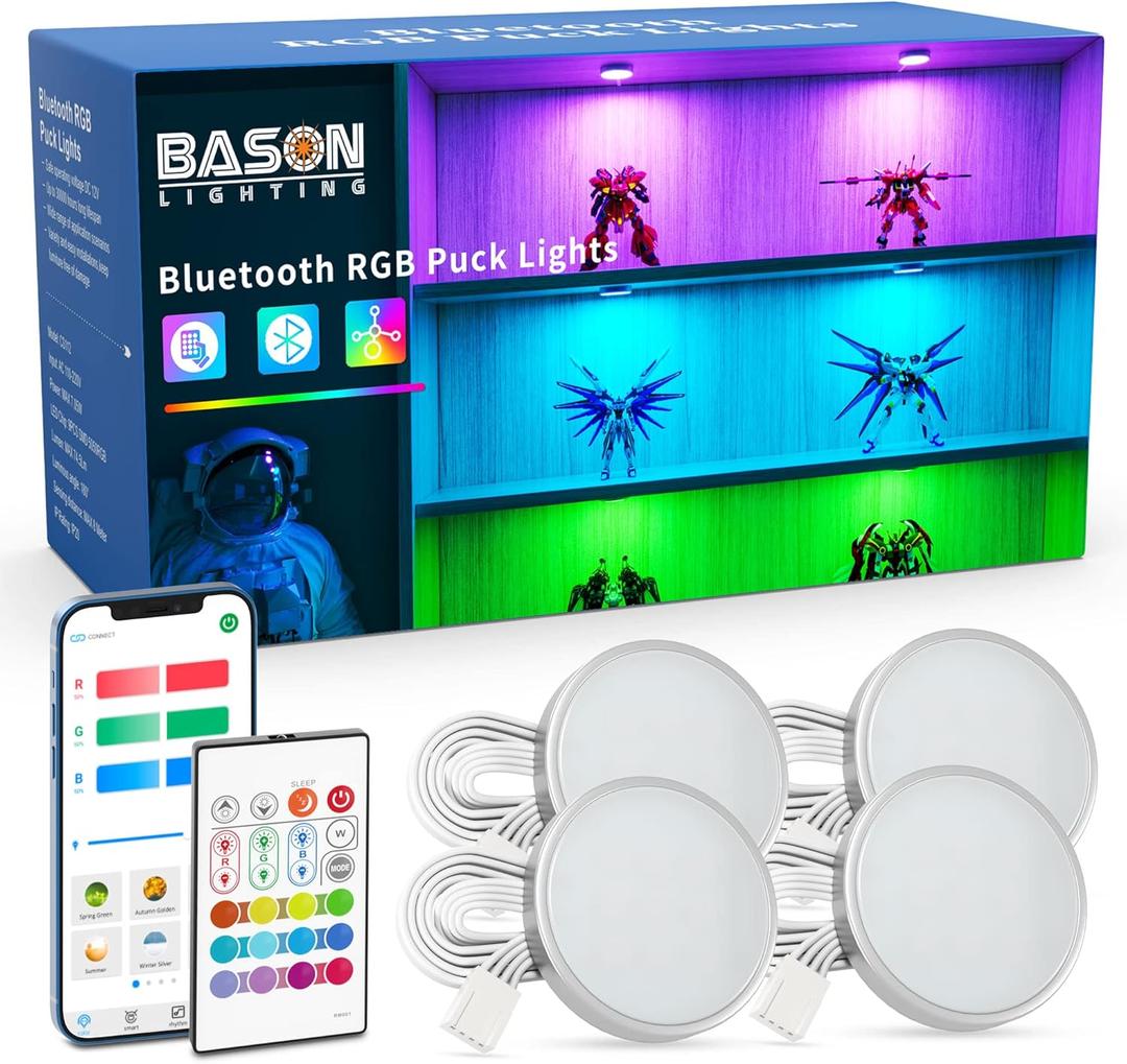 BASON LIGHTING RGB Under Cabinet Lighting, Halloween Decoration Lights, Bluetooth APP Control LED Puck Lights, Dimmable, Adapter Powered Shelf Decorative for Kitchen, Counter, Glass Cabinets