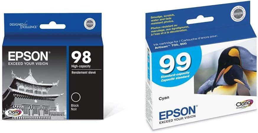 Epson T098 Claria Hi-Definition - -Ink Standard Capacity Black - -Cartridge (T098120) for Select Artisan Printers & T099 Claria Hi-Definition -Ink Standard Capacity Cyan -Cartridge