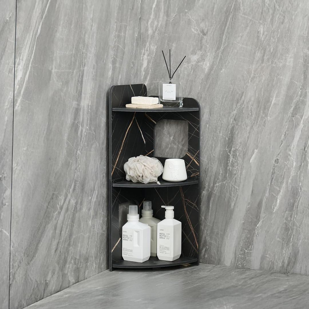 Black 3-Tier Small Corner Shelf Stand, Waterproof Bathroom Storage, Toilet Paper Storage, Corner Table for Small Spaces (Black) (Marble Black Gold)